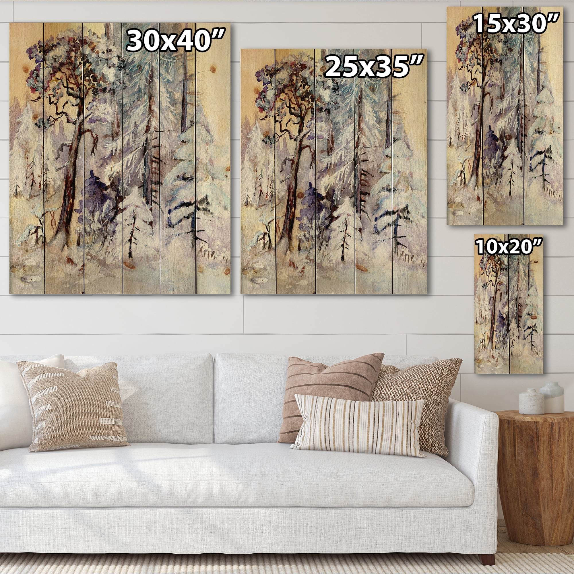 Designart 'The Lake With Winter Snowy Forest' Lake House Print on Natural Pine Wood