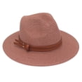thumbnail image 1 of Sombrero de jazz para mujer de ala ancha, de piel sintética, con cinturón decorativo, sombrero de paja para la playa, tamaño ajustable, protección UV, plegable, sombrero de verano, 1 of 8