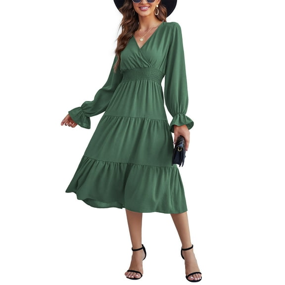 Yesfashion Women's Casual Wrap V Neck Midi Dress Long Sleeve Smocked Waist Tiered A Line Pleated Flowy Dresses