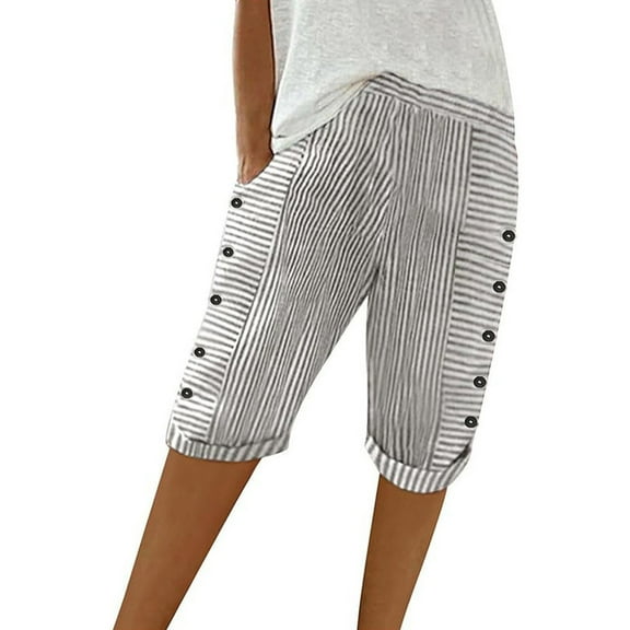 QIJUNTUO ​Women's Striped Casual Shorts Elastic Waist Cotton Linen Blend High Waist Summer Short Pants With Rolled Cuff Pockets​ White