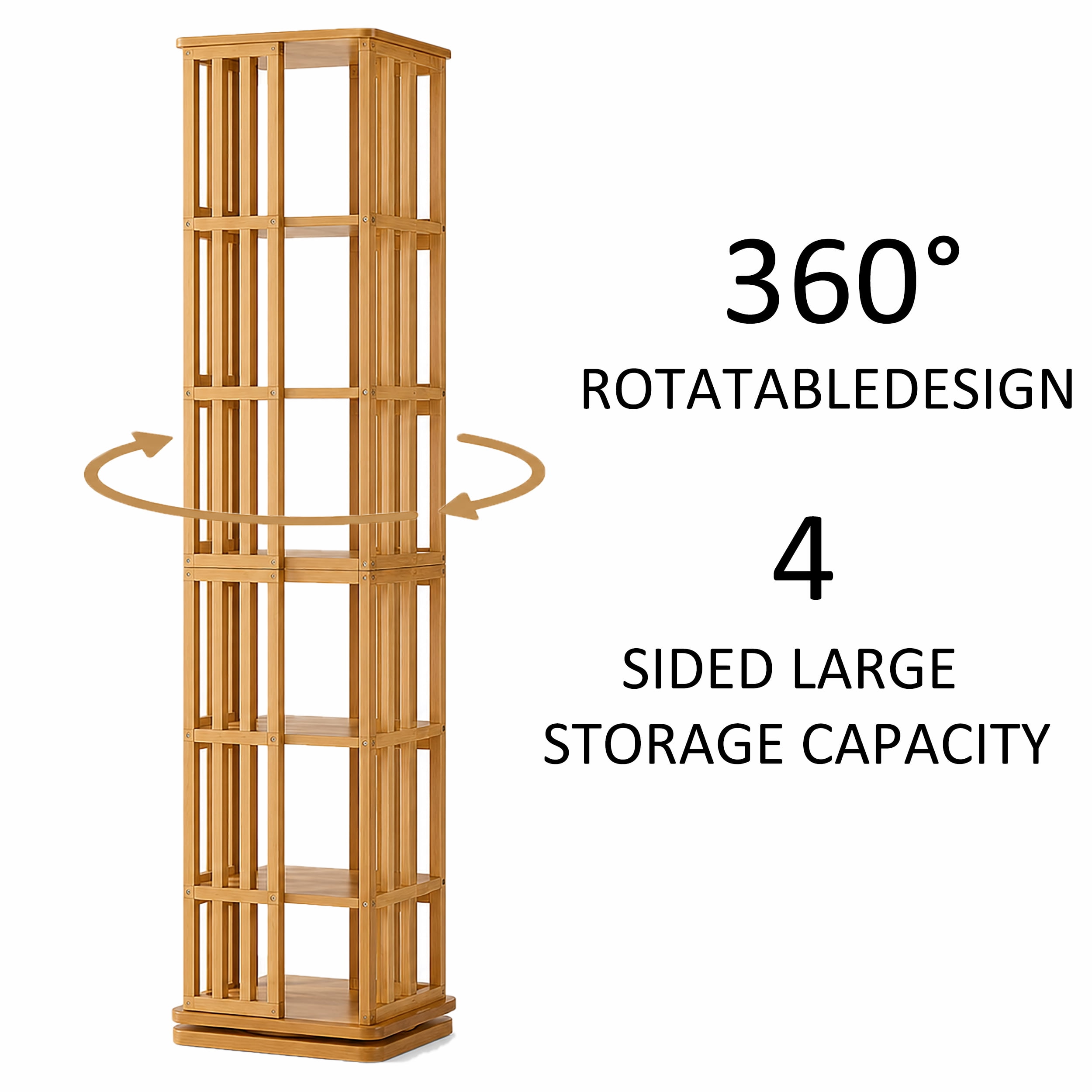 6-Tier 360° Rotating Bamboo Bookshelf Tower, Floor Standing Spinning Bookcase, Narrow Vertical Storage Rack for Kids Adults Home Office
