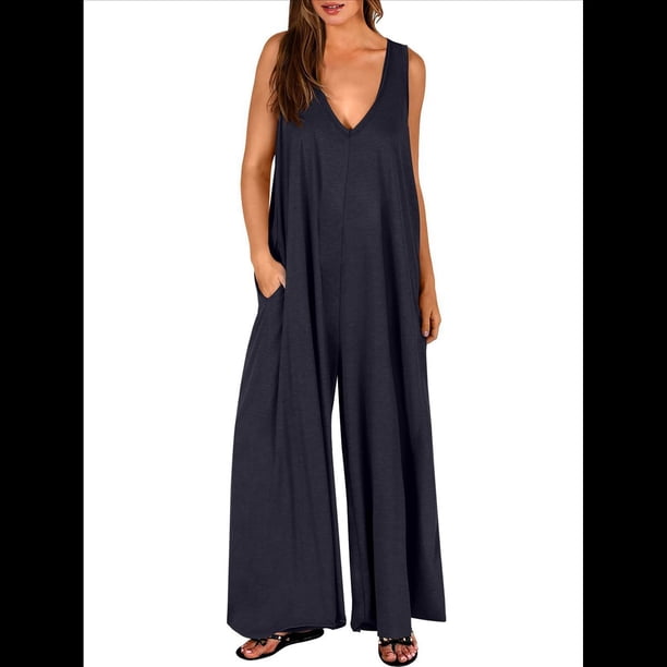 Mono Informal de Verano para Mujer, Holgado, Sin Mangas, con Cuello en V, Pierna , , Holgado, con Bolsillos. Negro XL