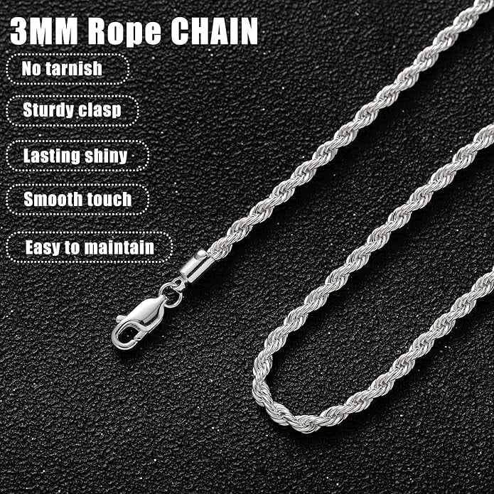SkyAuks 925 Sterling Silver Italian Rope Chain Necklace – Diamond