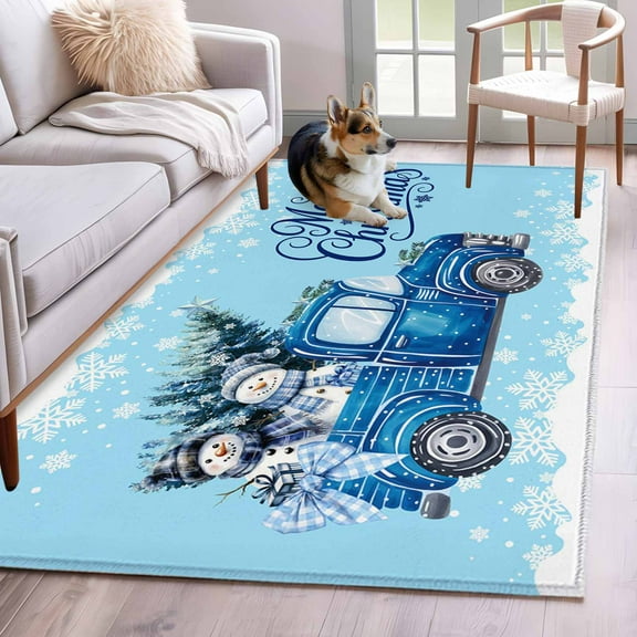 Christmas Snowman Area Rug 3x5 Washable Rug Non Slip Winter Blue Truck Xmas Tree Snowflake Large Area Rug Indoor Floor Carpet for Entryway Bedroom Kitchen Living Room Home Office Dining Room Nursery