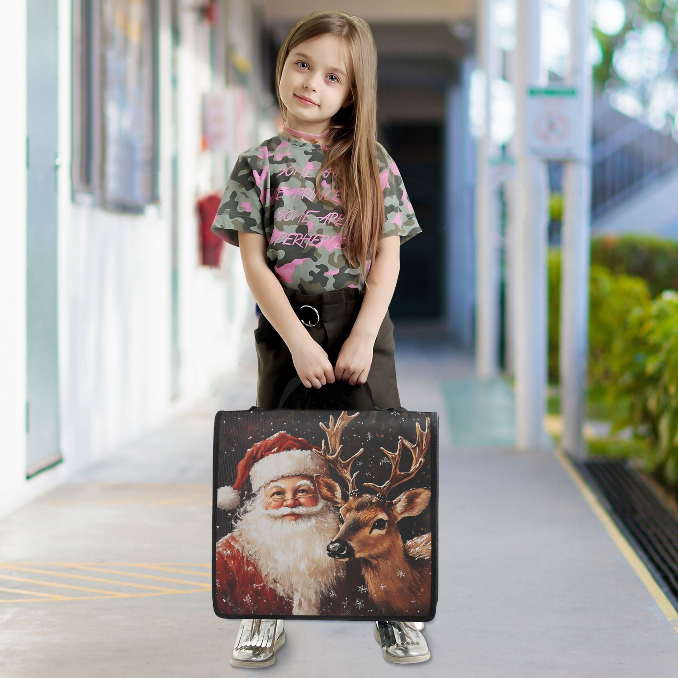 3 Ring Zipper Binder with Shoulder Strap Waterproof Trapper Keeper 2 Inch D-Ring 500 Sheets Capacity Christmas Santa Claus and Deer