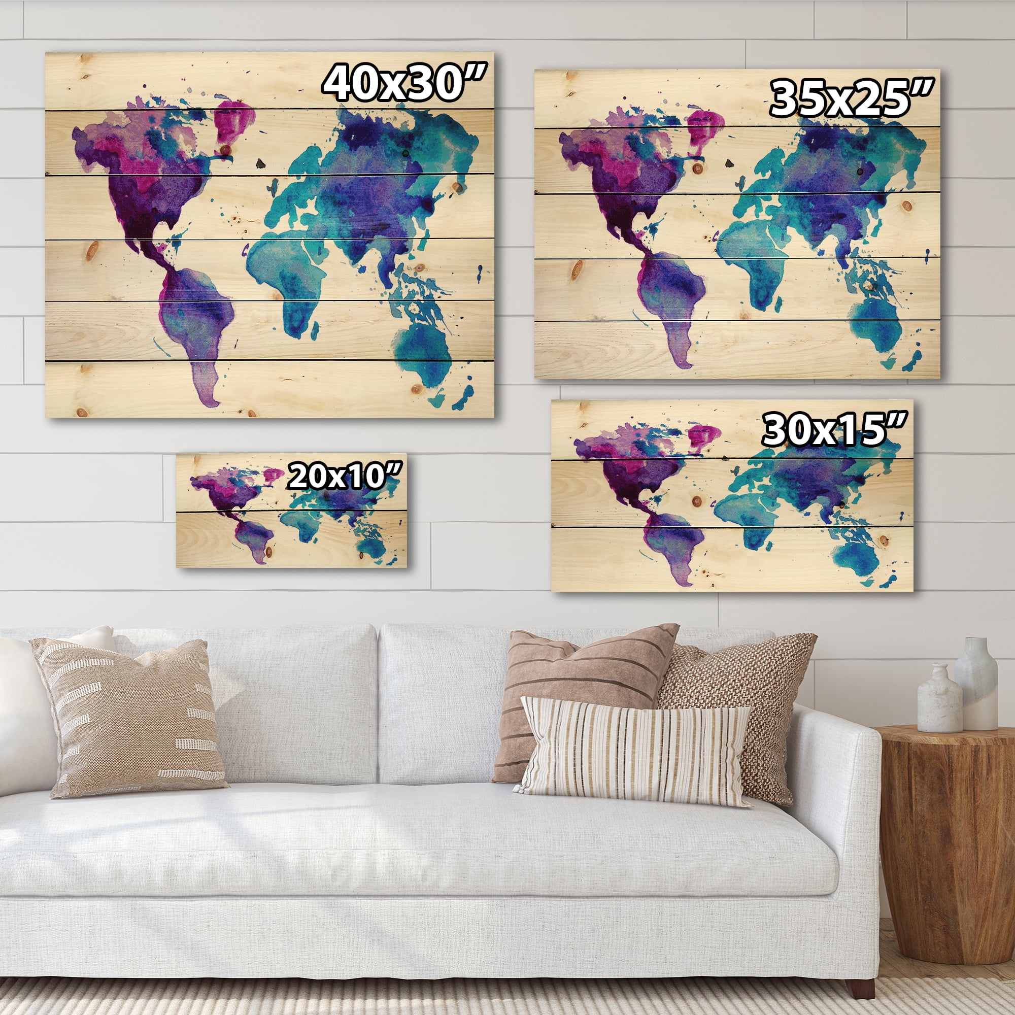 Designart 'Blue and Purple Map Of The World' Modern Print on Natural Pine Wood