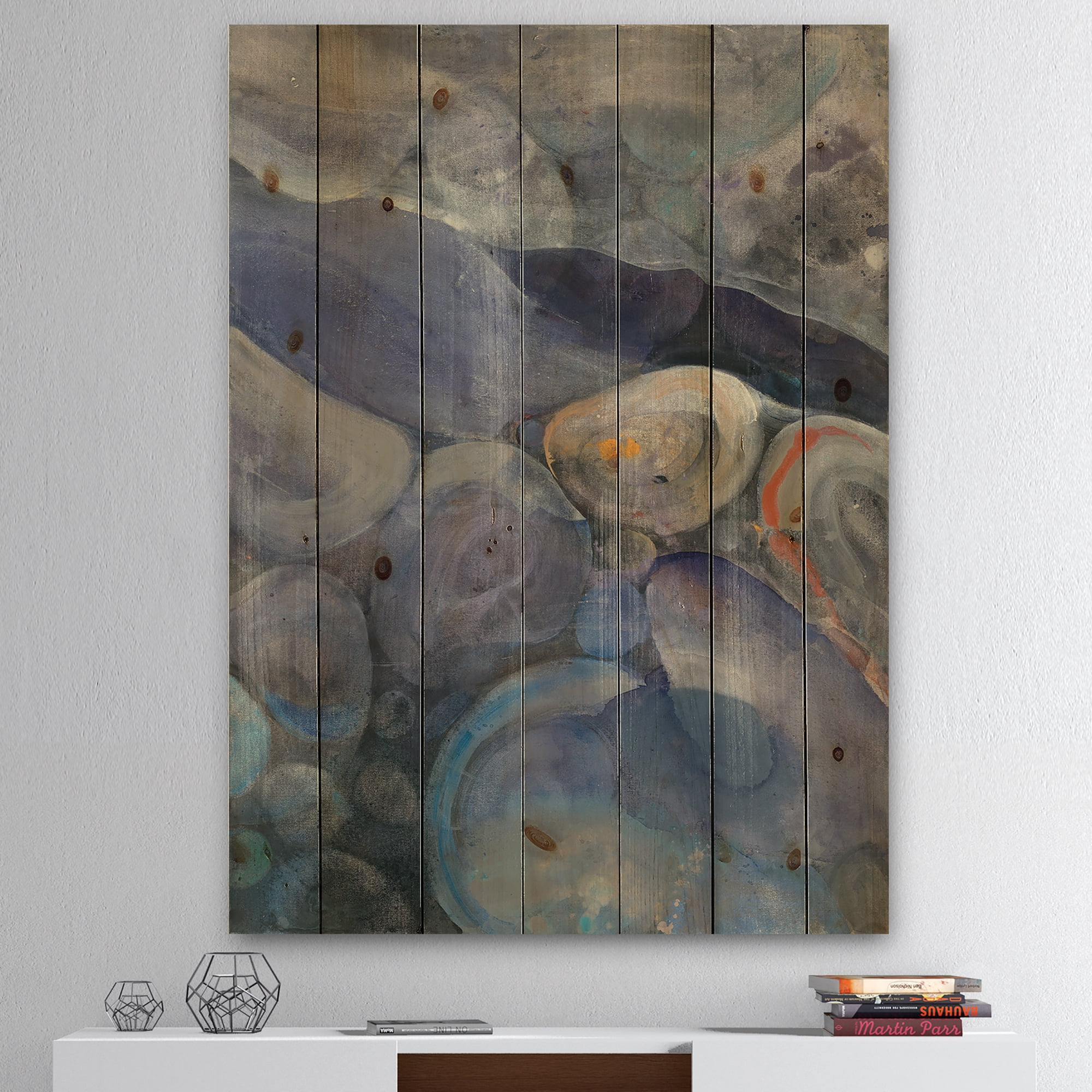 Designart 'Into the Indigo Stream II' Abstract Print on Natural Pine Wood