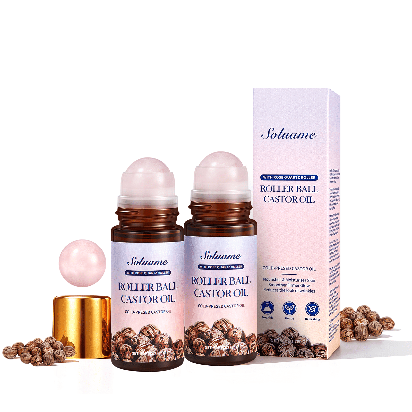 Roller Ball Castor Oil with Rose Quartz Roller, Cold-Pressed Pure Castor Oil Roll On for Face, Body and Neck, Moisturizing and Nourishing for Skin 2PCS