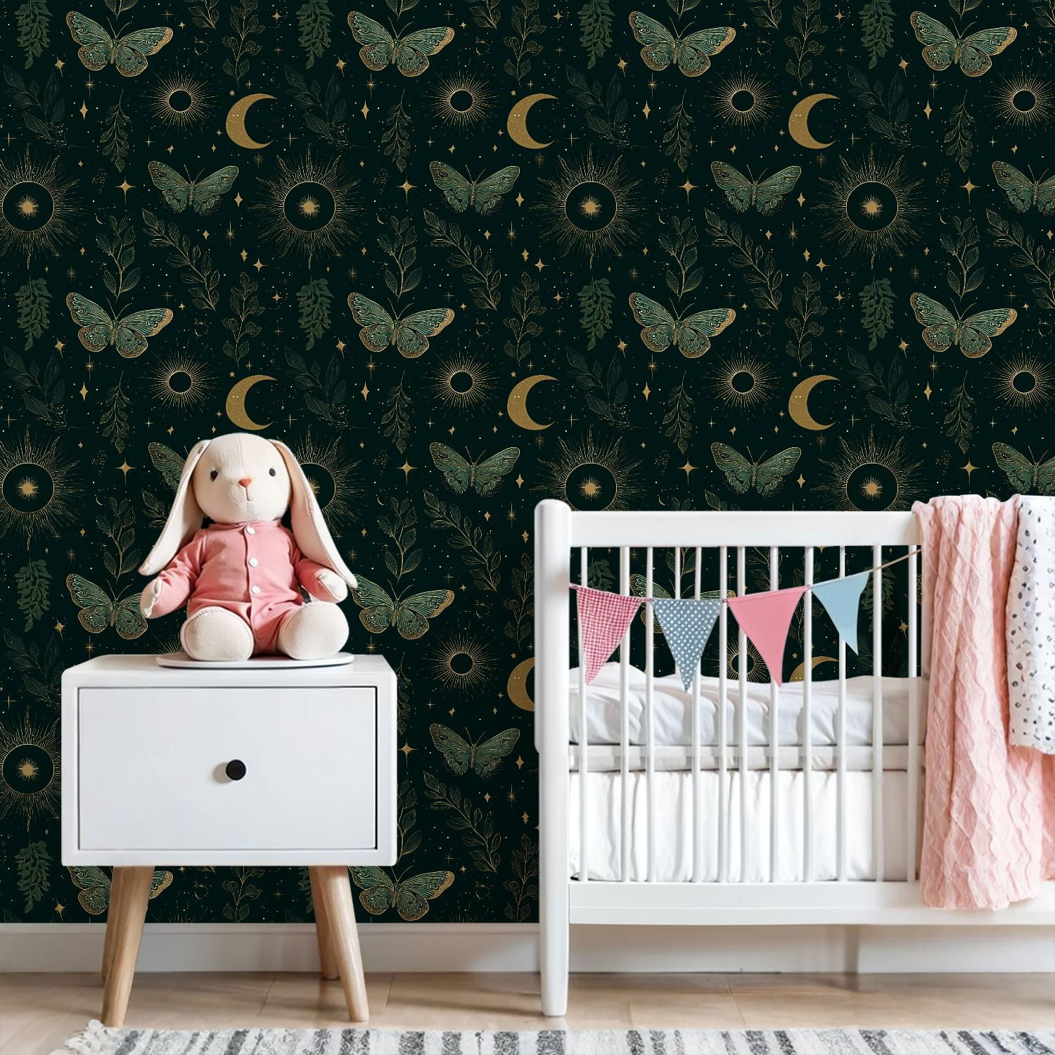 Peel and Stick Wallpaper 23.6in x 9.8ft Butterflies Floral Moon Phases Gold Accents Contact Paper Vinyl Waterproof Self Adhesive Wall Paper for Bedroom Shelf Cabinet Renter Friendly