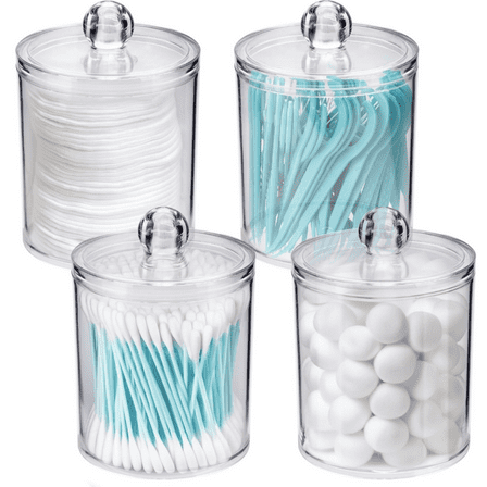 Holder Dispenser - Cotton Ball, Swab, Round Pads, Floss , Small Clear Plastic Apothecary Jar Containers with Lids for Bathroom Storage and Organization, Vanity Organizer