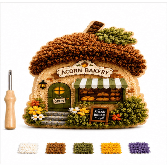 Whimsical Village 3D Fabric Poke Art Kit, Acorn Bakery No Sew Cottage Craft for Adults with Simple Illustrated Guide