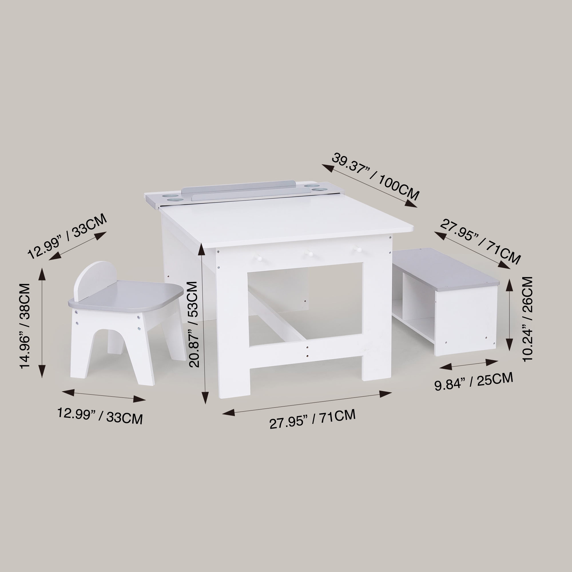 Teamson Kids Little Artist Monet Kids' Play Art Table with Chair and Storage Bench Seat, White/Gray