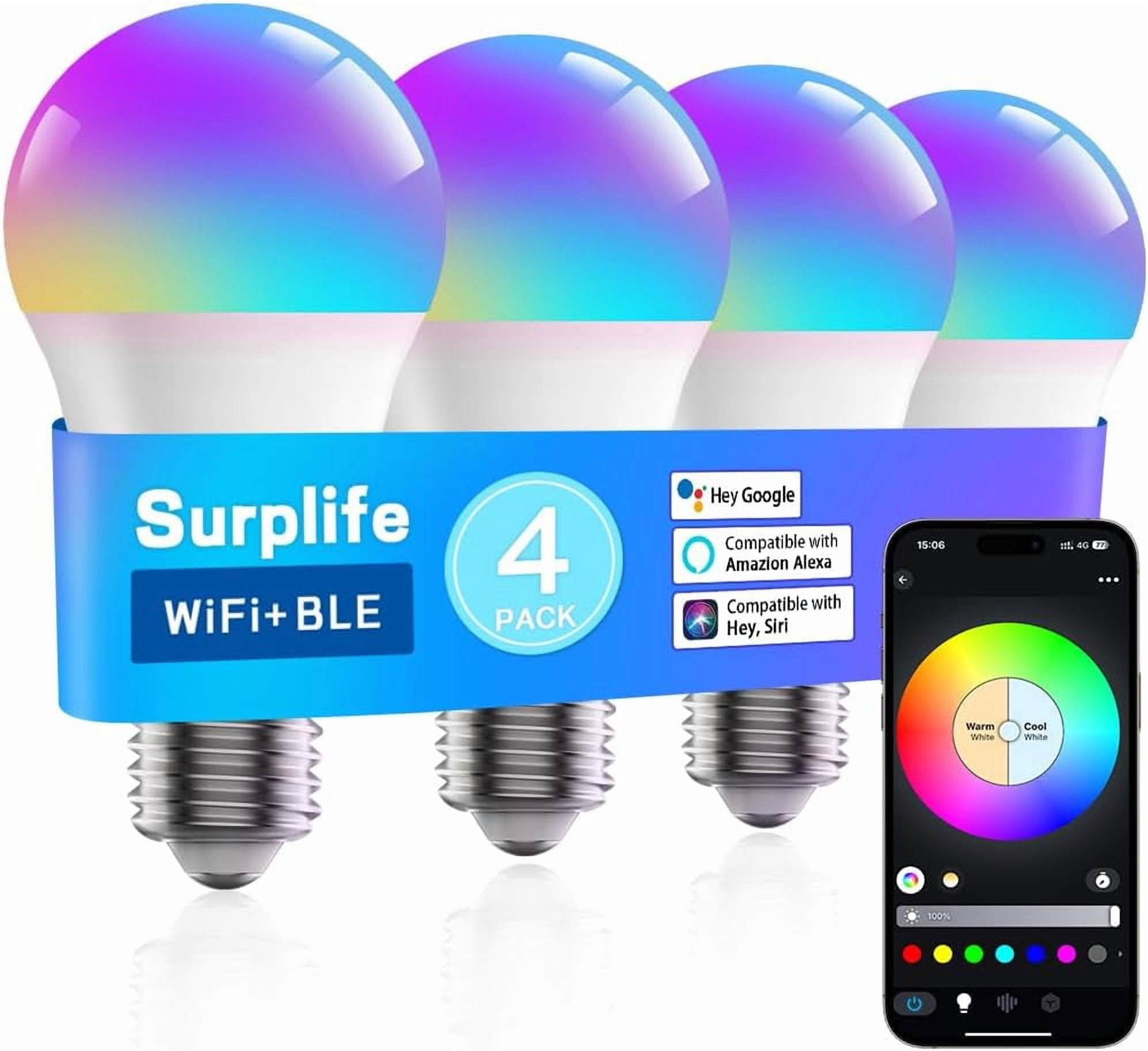 LXYWXS-Smart Light Bulbs 4 Pack,2.4G HZ Music Sync Color Changing Light Bulb,Compatible with Alexa &Google Assistant,A19 E26 Dimmable LED Light Bulb 9W 800Lumen for Party Decoration Smart Home