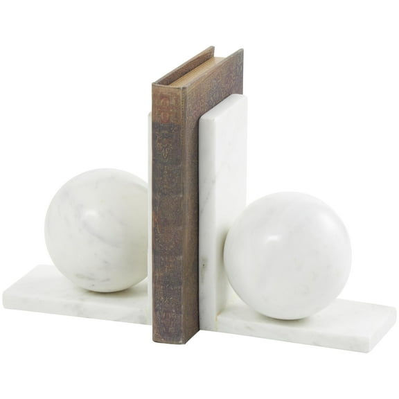 DecMode 6" Sleek Orb Geometric 12 lbs White Marble Bookends with L- Shaped Bases (Set of 2)