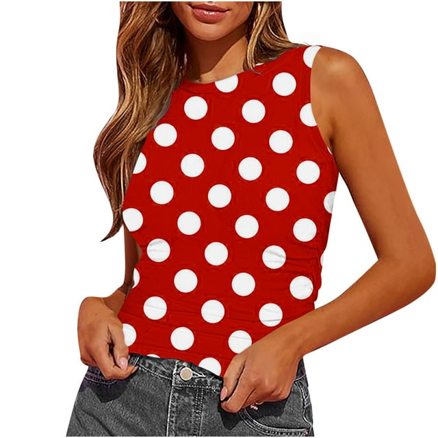 Women's Tank Tops Summer Sleeveless Round-Neck Slim Fitted Blouse Side Ruched Basic Printed Tees Shirts
