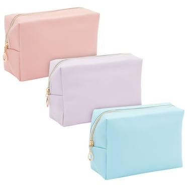 3 Pack Faux Leather Makeup Bag with Zipper - Small Cosmetic Pouch for Travel and Cosmetic Organizer (3 Pastel Colors)