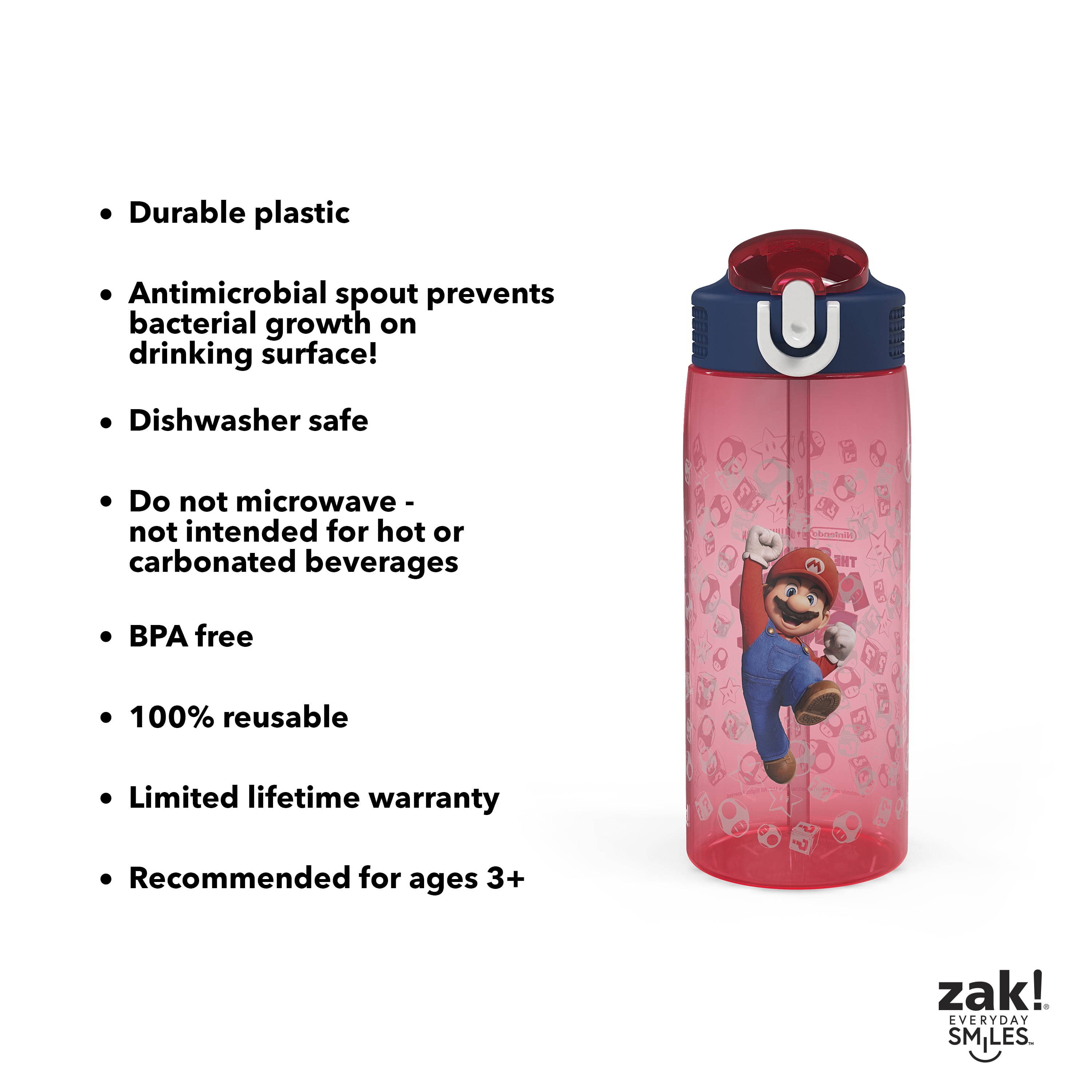 Zak Designs 25oz Mario Kids Straw Water Bottle, Durable Plastic Park Bottle with Easy-Open Locking Spout Cover for Travel, Built in Carry Handle