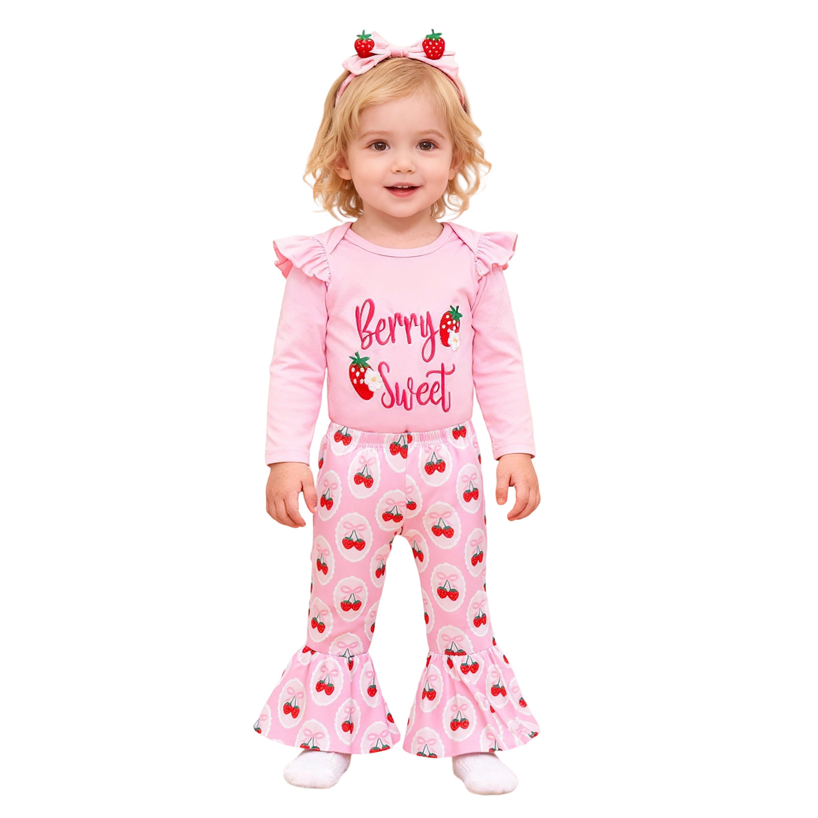 Gelikeya Baby Girl First Birthday Outfit Long Sleeve Berry Romper Strawberry Flare Pants Bow Cake Headband 3pcs Valentines Spring Fall Clothes, Pink & 6-12 Months