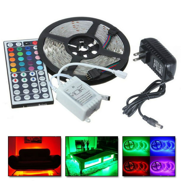 5M RGB 5050 Water-Resistant LED Strip Light SMD with 44 Key Remote & 12V Power supply,Color Changing strip with color - Walmart.com