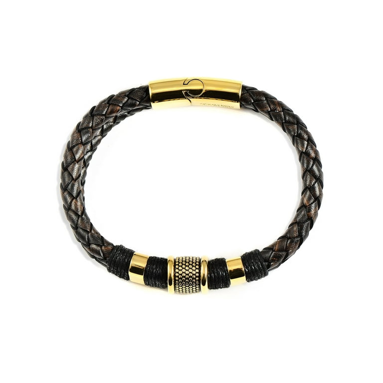 Braided Leather and Gold-Plated Bracelet