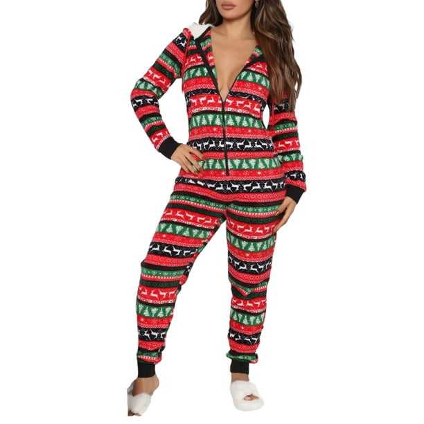 Inevnen Women Christmas Jumpsuit Hooded Long Sleeve ZipUp Fleece