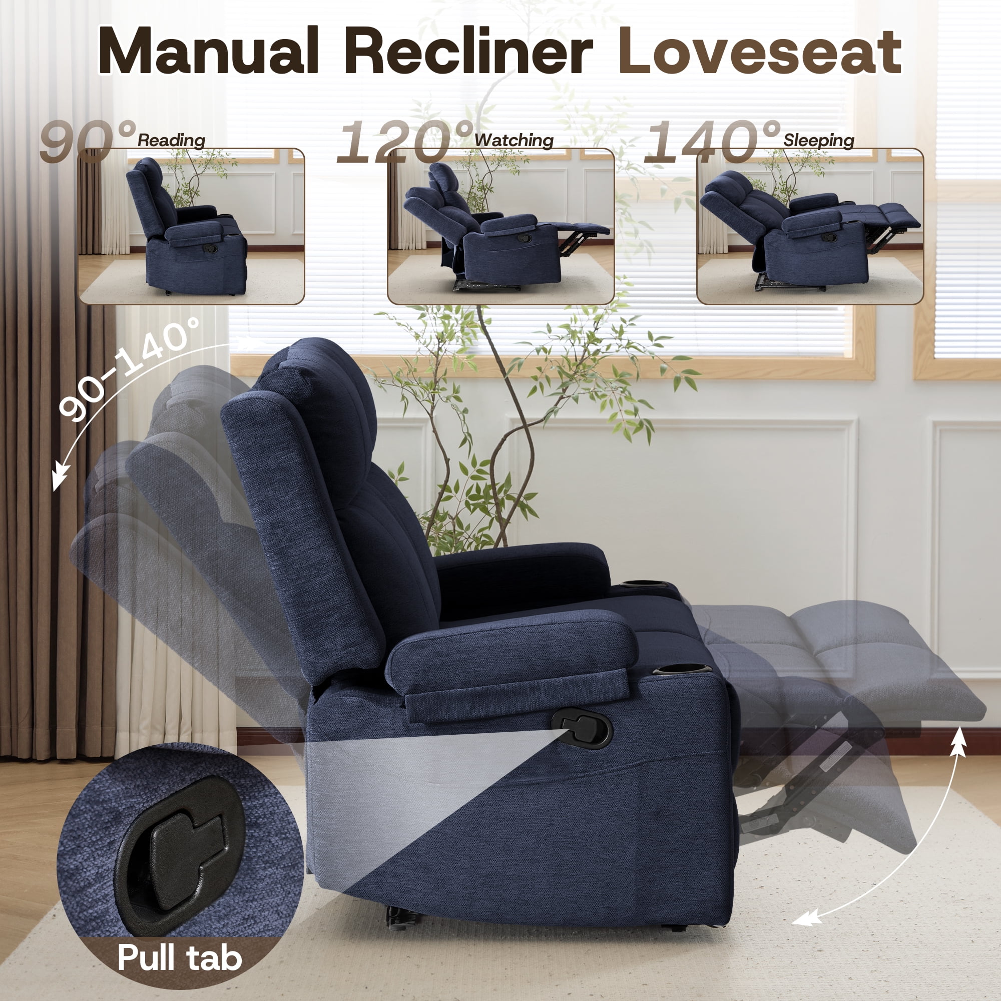 Chenille Reclining Couch, Manual Reclining Loveseat with Cup Holders, Wide Seat, Spill-Resistant Fabric, Easy Assembly, for Living Room/Apartment/RV Recliner Sofa