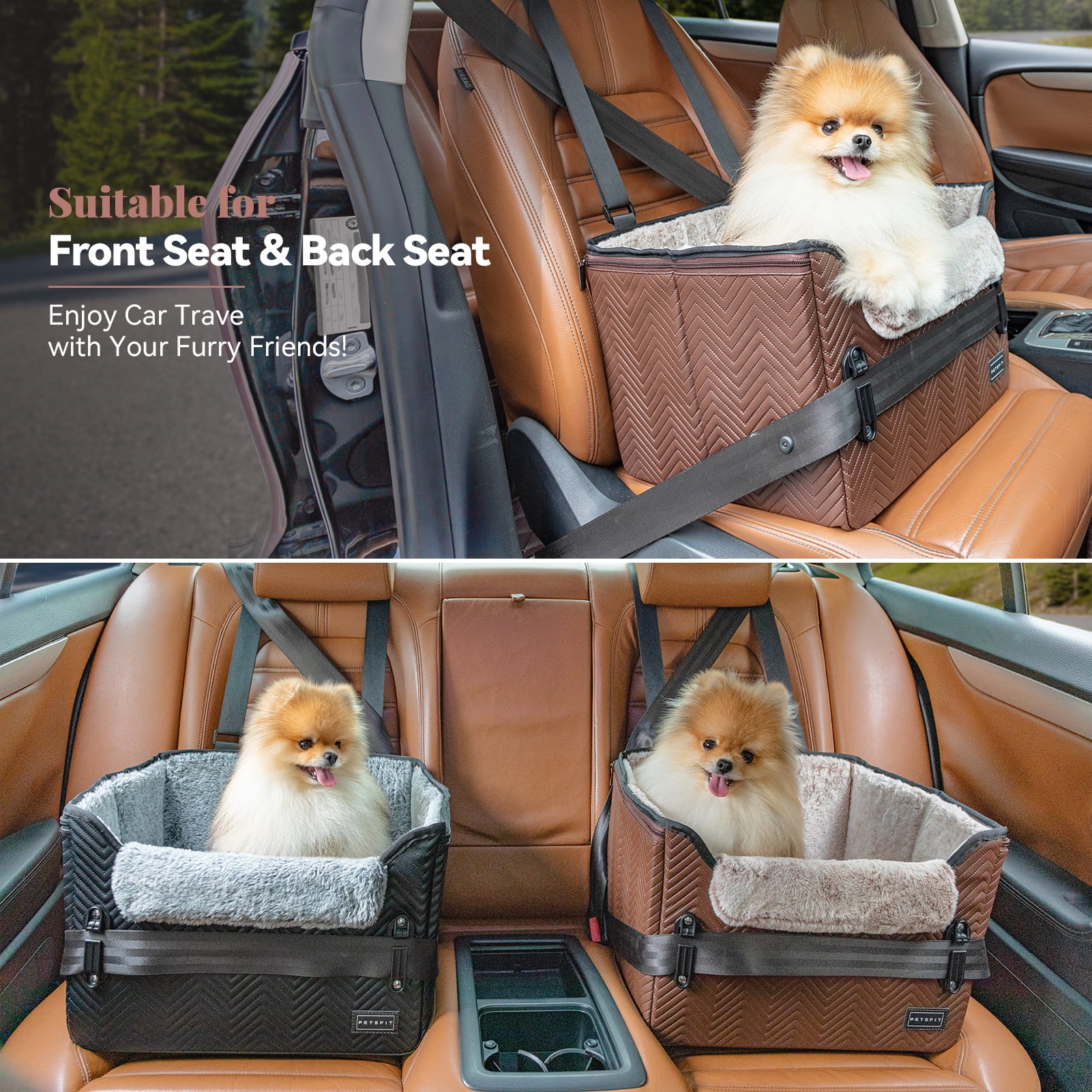 PETSFIT Car Seat for Dogs, Waterproof PU Leather Dog Car Seat for Small Dogs with Patent Safe Buckles, Clip-On Leash, Pet Travel Carrier Bed for Small Pets Up to 25lbs ，Brown
