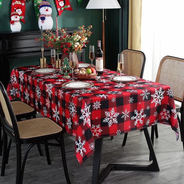 Christmas Tablecloth Rectangle, Plaid Table Cloth with Snowflake Decorations, Heavy Weight & Spillproof Table Cover for Dining & Holidays (Snow Patterns, Rectangle, 60" x 120" (10-12 Seats))