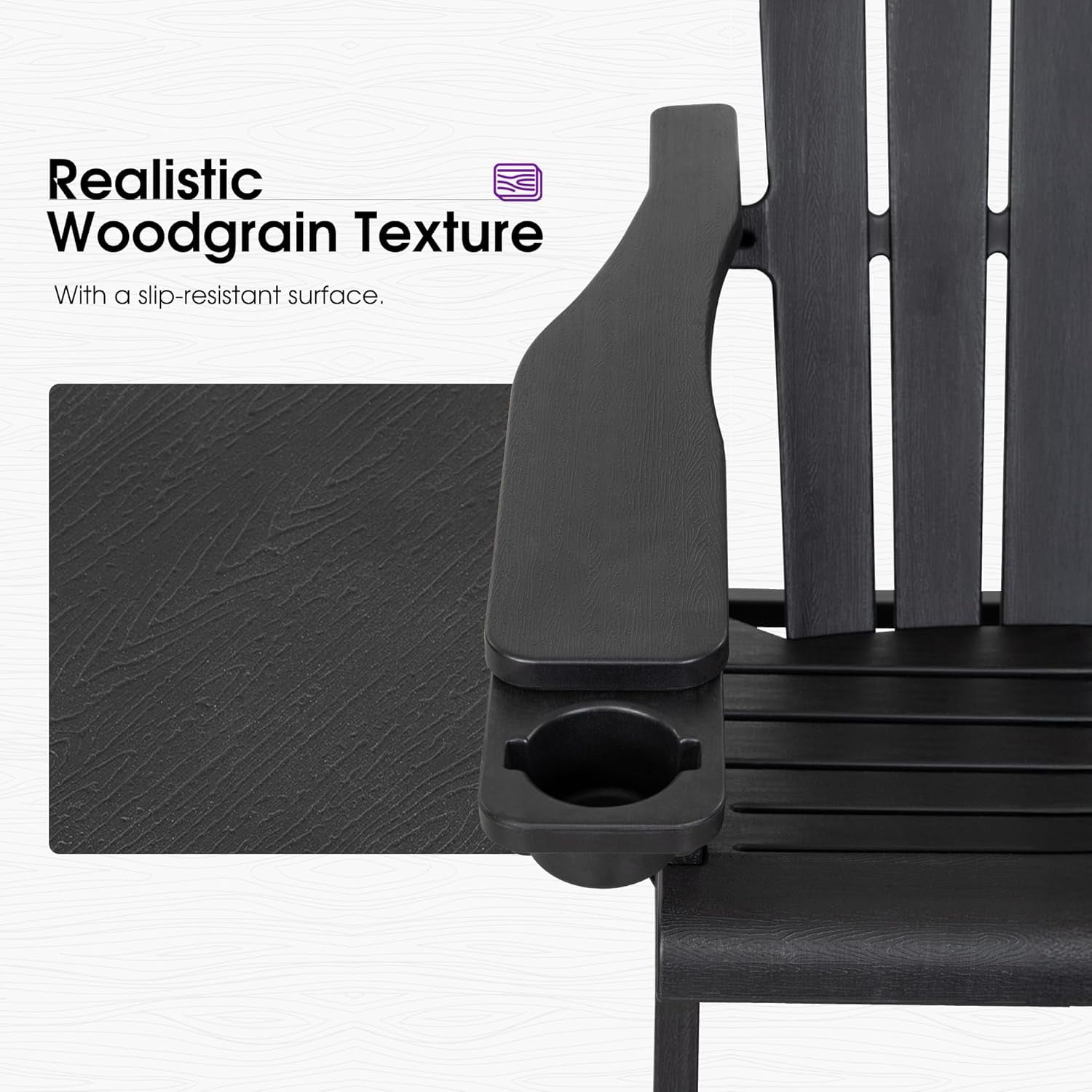 PURPLE LEAF Adirondack Chair HDPE All-Weather Outdoor Fire Pit Chair with 24.6" Oversized Seat Wood-Textured Patio Adirondack Chair with Dual Cup Holders for Garden Deck Backyard, Black