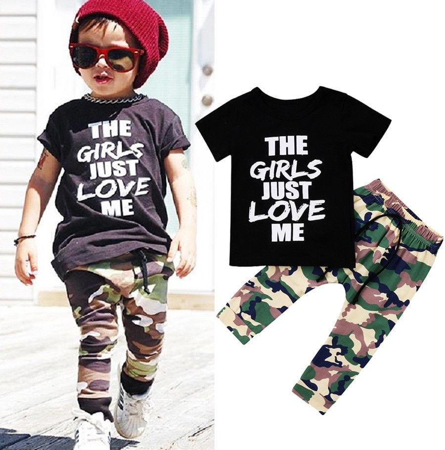 1-6T Kids Boys KING Cotton T-shirt Tops Camouflage Pants Outfit Clothes Set