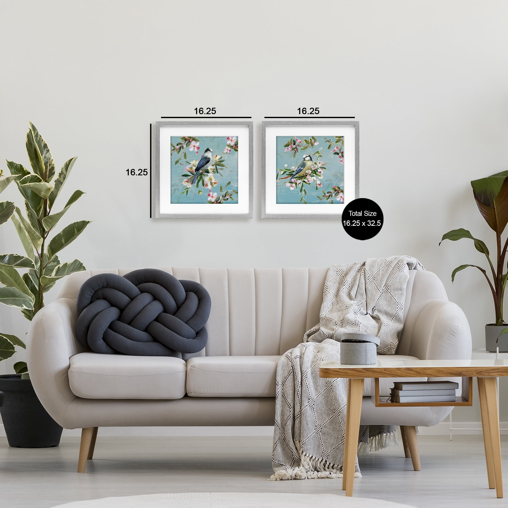 Stupell Industries Songbirds Among Spring Blossoms 2 Piece Gray Framed Print Under Glass Set, design by Sally Swatland