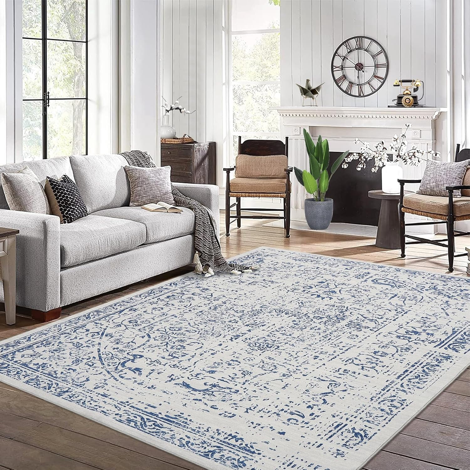 Machine Washable 9x12 Area Rugs Vintage Rugs Non Slip Low Pile Water Resistant Soft Print Pattern Carpet Indoor Decor Polyester Rug Blue