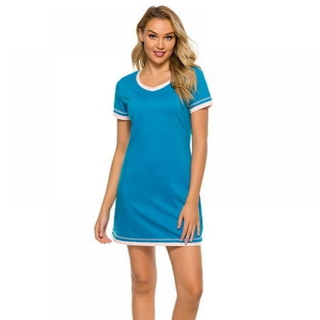 

Short Sleeve Nightgown Sleep Dress for Women V Neck Color Contrast Tee Sleepshirt Comfy Pajama Sleepwear S-2XL
