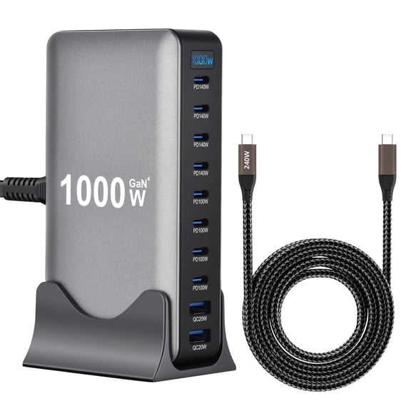 Famous Tech Shop 1000W Charging Hub 11-Ports Hub Bundle with AC Power Cord, Stand, 3 Meter USB-C Wire