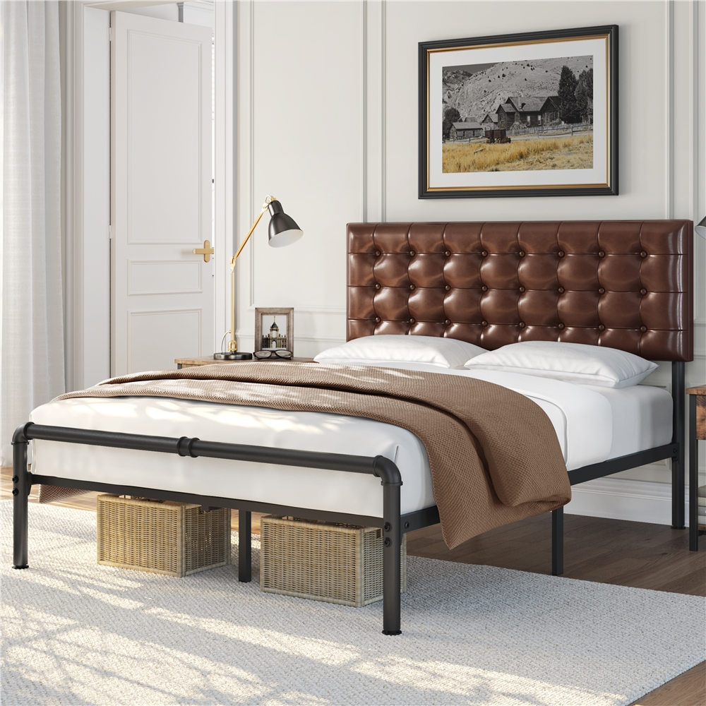 SMILE MART Metal Platform Queen Bed with Tufted Faux Leather Headboard, Brown - image 2 of 9