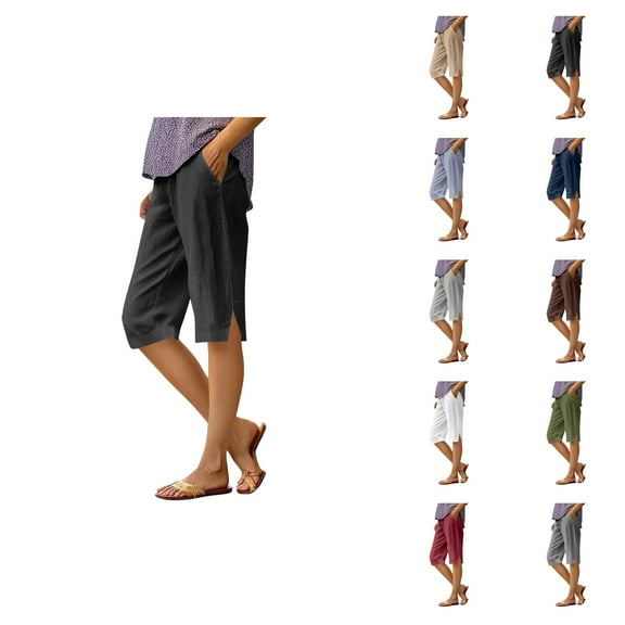 Womens Bermuda Shorts Cotton Linen Elastic Waist Pockets Breathable Loose Knee Length Bermuda Long Shorts for Women