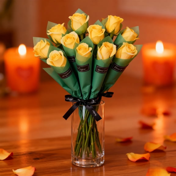 WMTOKK Valentine's Day Single Rose Bouquet (10pcs, Yellow) Valentine Decorations