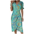 thumbnail image 2 of zanvin Robe Femme, Robe d'Été Imprimée Ourlet Irrégulier Col en V Manches Courtes Boutonnée, Bleu Clair, P, 2 of 5