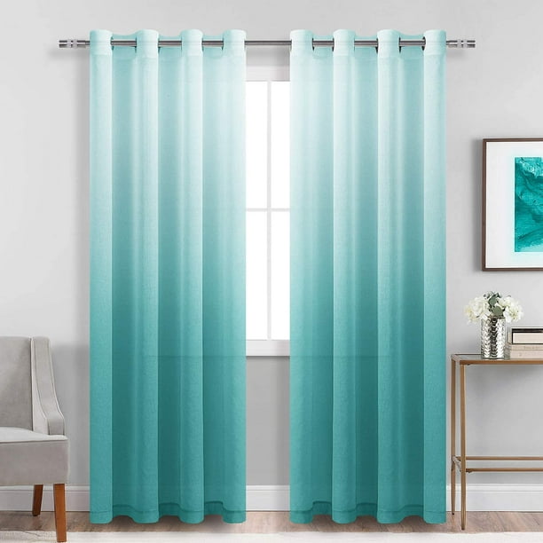 Dwcn Ombre Sheer Curtains Faux Linen, Teal Sheer Curtains 96 Inches Long