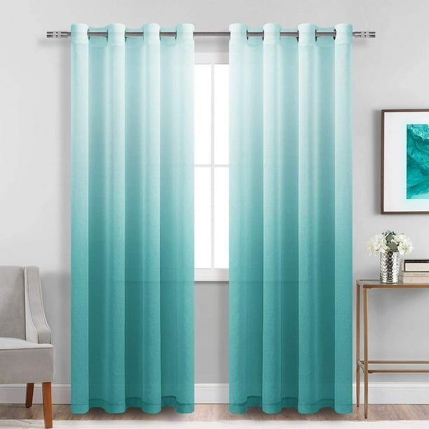 Dwcn Ombre Sheer Curtains Faux Linen Grant Grommet Top Semi Voile Ds For Bedroom And Living Room Set Of 2 Window Curtain Panels 52 X 96 Inches Long Teal Com Dwcn Ombre Sheer Curtains Faux Linen, Teal Sheer Curtains 96 Inches Long