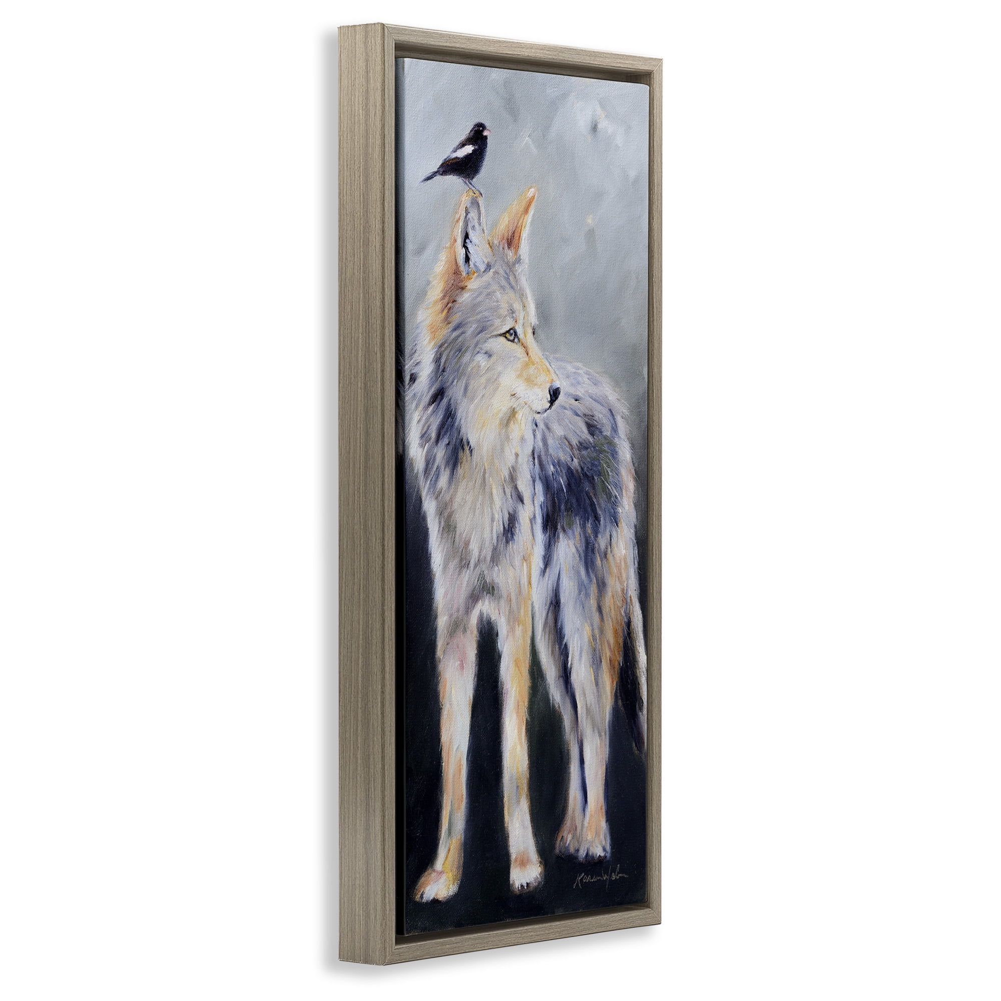 Stupell Industries Wild Coyote & Black Bird Animals & Insects Painting Brown Floater Framed Canvas Art Print Wall Art, 11 x 25