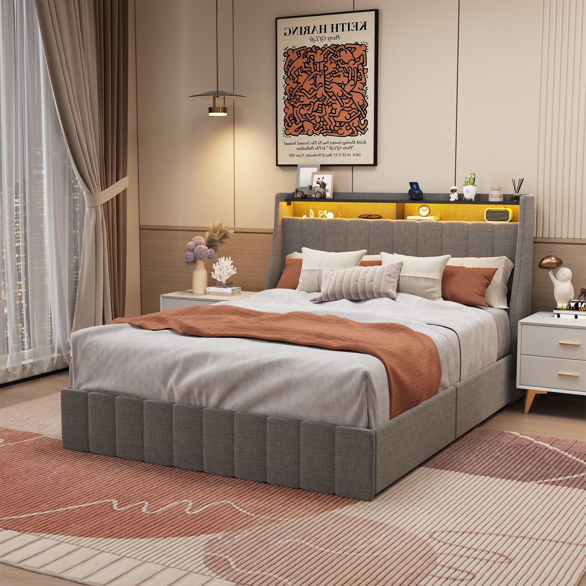 Euroco Queen Size Platform Bed with LED Light, Modern Storage Bed with 4 Drawers, Light Grey