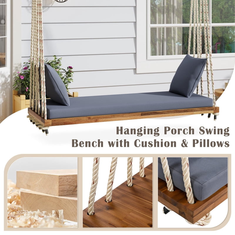 Patio Wooden Swing Chair, 2-Seat Hanging Porch Hammock Bench with Cushion & Pillows, Outdoor Swing Bench with 10.8Ft Hemp Ropes for Garden, Backyard, Lawn