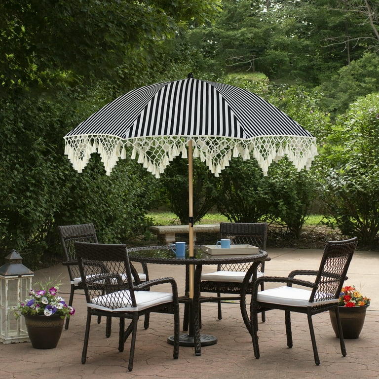 black and white patio umbrella walmart Northlight Striped Outdoor Macrame Boho Beach Market Umbrella with Tilt-  6.5' - Black and White