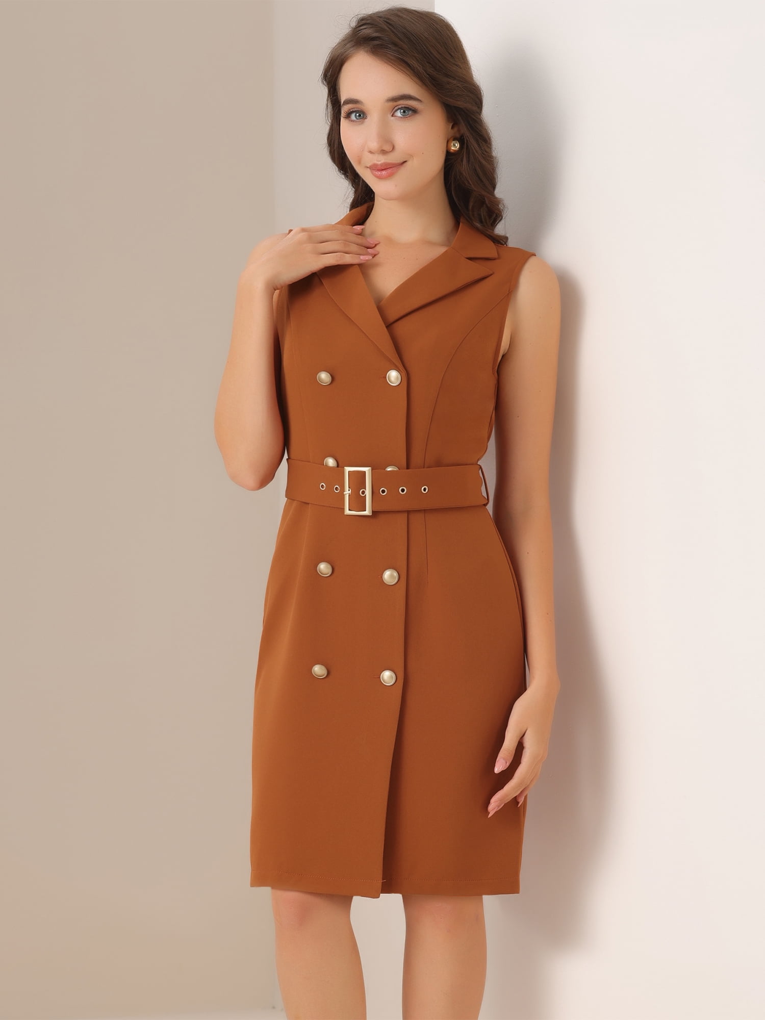 DARING DIVA Sleeveless Notched Lapel Double Breasted Blazer Dresses L Caramel