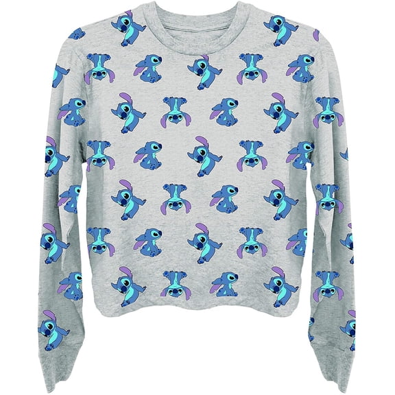 Disney Women's Lilo and Stitch Long Sleeve Shirt, Printed Allover Cropped Top Shirt Heather Grey - M