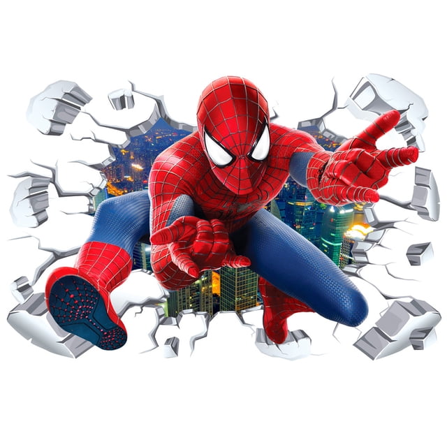 pegatinas de pared de spider-man tridimensionales para pared, pegatinas de pared de fondo para decoración de sala de estar, extraíbles. Vista 3/4 centrada de Spider-Man en salto rompiendo un muro simulado; figura multicolor con traje rojo y azul de textura en malla y líneas de telaraña, ojos blancos grandes y suela con patrón visible. Fondo urbano nocturno dentro del efecto roto. Sticker PVC extraíble de 90x60cm para paredes lisas, ventanas o muebles; opción de regalo para cuarto infantil o sala de juegos.