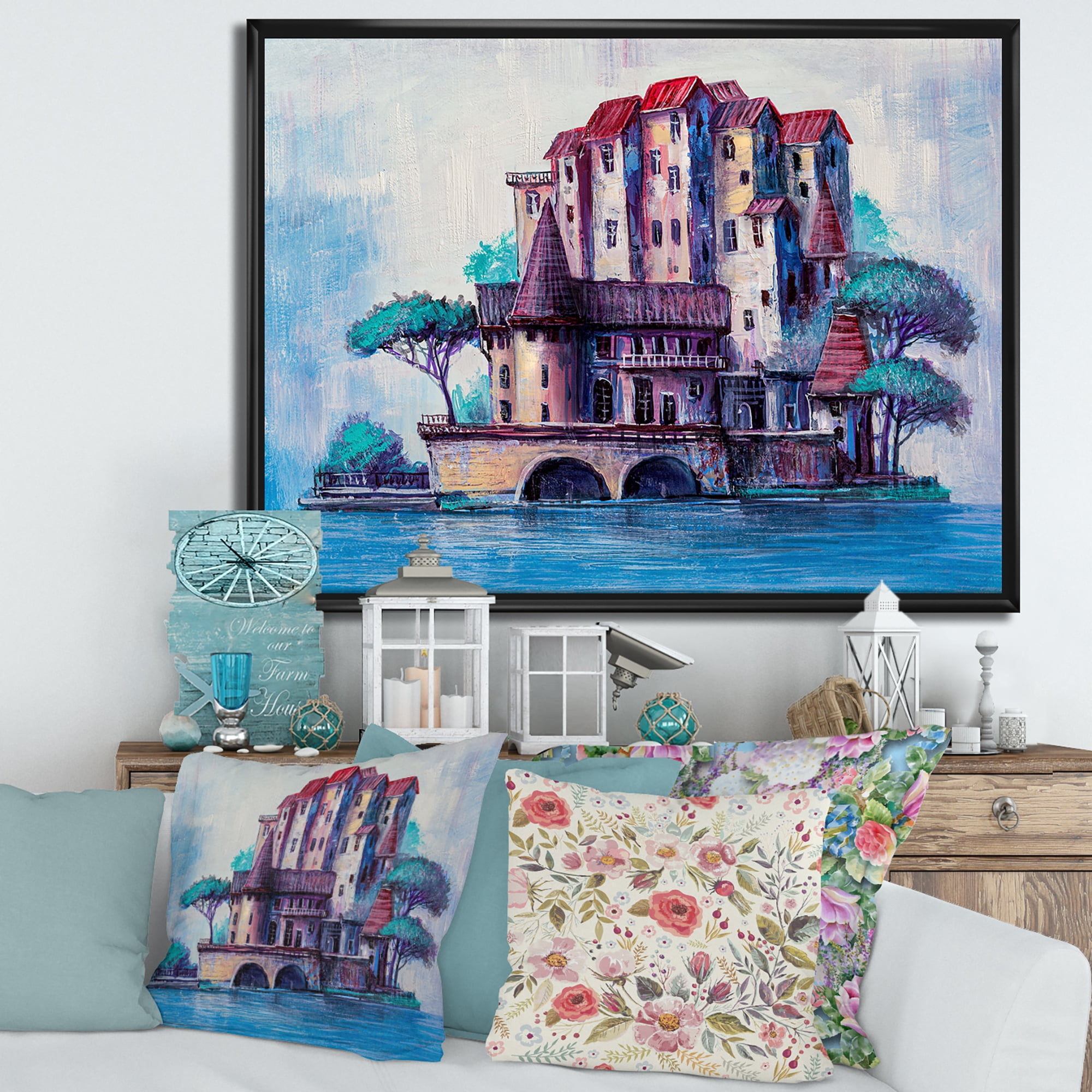 Designart 'Ancient City Skypscrapers By The Bridge' Traditional Framed Canvas Wall Art Print