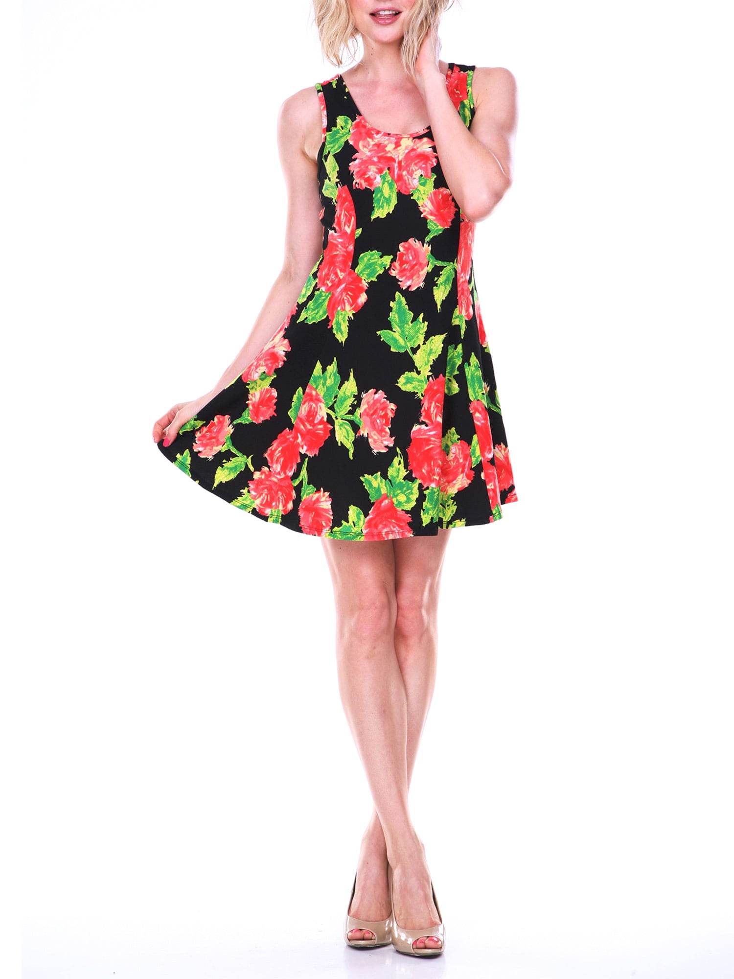 rose print fit and flare dress 1950's Red White and Green Rose Print Fit and Flare Spaghetti Strap Su –  Erin Templeton