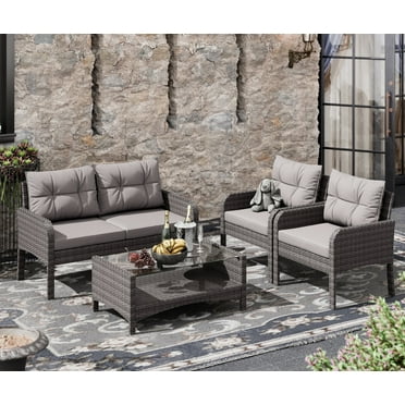Bifanuo 4-Piece Patio Furniture Set Outdoor Rattan Set with Cushions & Coffee Table, Conversation Sofa Set with Tempered Glass Table Top